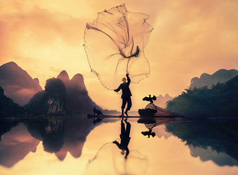Một lão ngư dân Trung Quốc trong trang phục truyền thống đang tung lưới đánh cá từ chiếc thuyền độc mộc. Bên cạnh ông là hai con còng cọc sẵn sàng bắt cá.