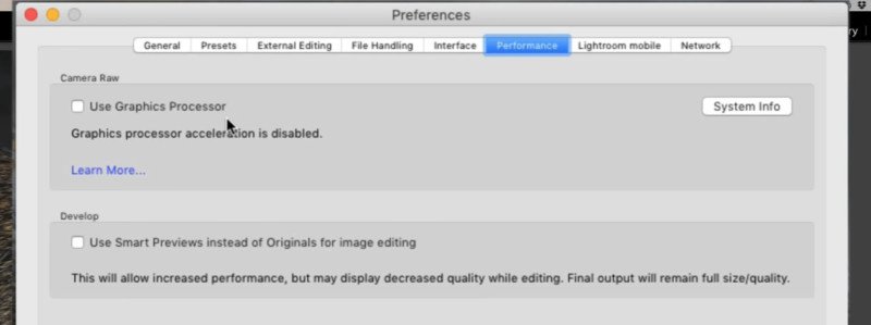 7 mẹo giúp cho Lightroom chạy nhanh hơn 11 Bật hoặc tắt chế độ tăng tốc bằng card đồ họa của máy ở phần Use Graphics Professor khi xem nếu nó giúp cải thiện hiệu năng.