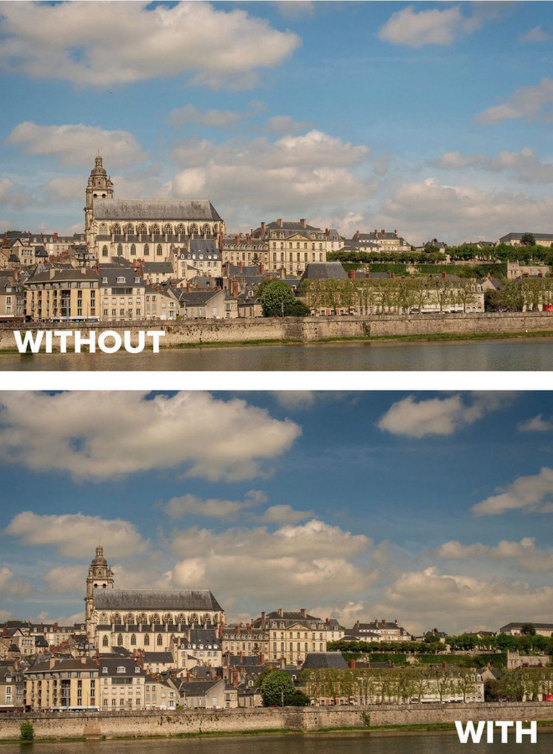 Sự khác biệt giữa chụp thông thường (ảnh trên) và dùng kính CPL (ở dưới)