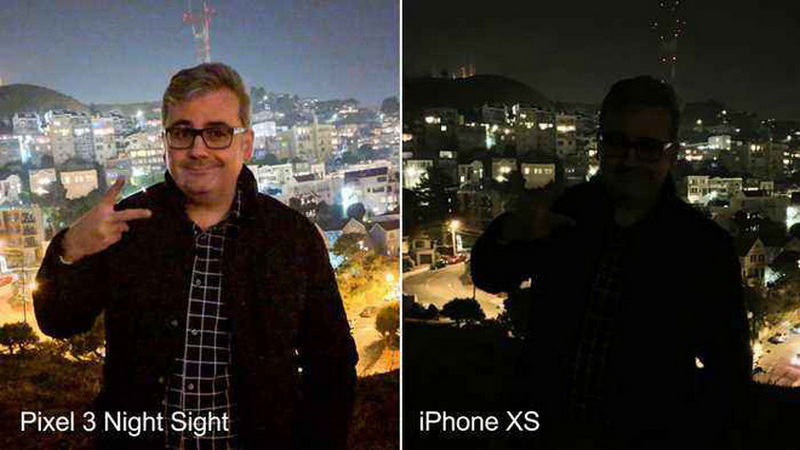 So sánh ảnh chụp đêm giữa Night Sight của Pixel 3 và iPhone Xs.